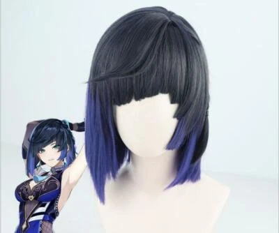 Genshin Impact Yelan Cosplay Perücken kurz schwarz blau Farbverlauf hitzebeständiges Haar