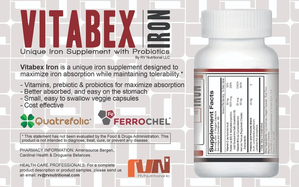 Ferro Vitabex | Suplemento de Ferro | Probióticos | 60 Cápsulas Vegetais | FRETE GRÁTIS - Imagem 2 de 4