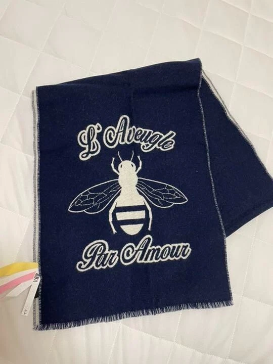 GUCCI Cashmere Scarf, Used, Cleaned, Authentic, Bee, From JAPAN, Navy, Grey