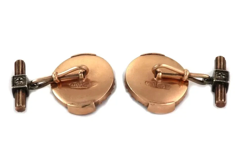 Gemelos victorianos esmaltados diamantes oro rosa 14k Foto 2 de 4