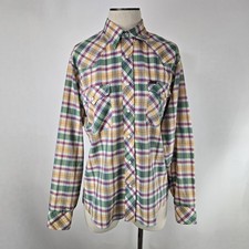 Vintage Wrangler Western Pearl Snap Plaid Shirt Multi Color Made in USA Size M