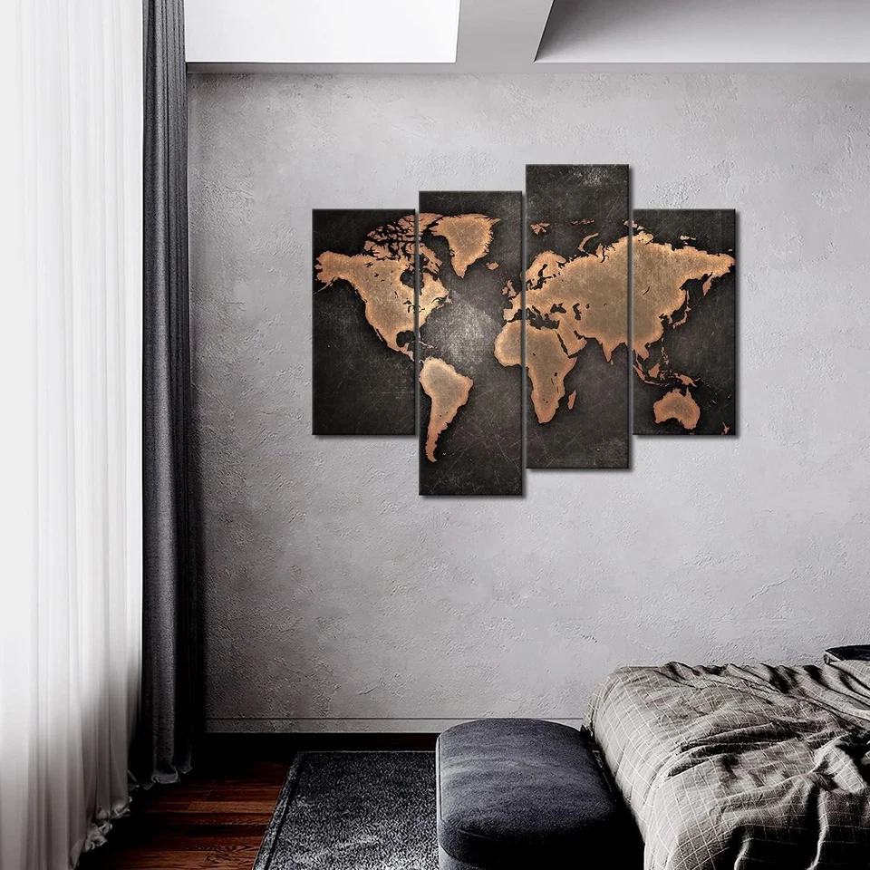 Elegant Black World Map Wall Art on Canvas - 26x12 & 35x12 Panels, Ready to Hang - Image 4 of 4