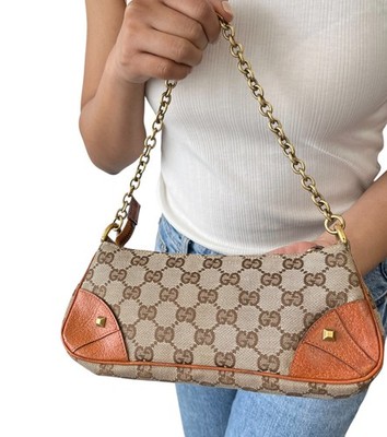 GUCCI Vintage GG Canvas Monogram Chain Shoulder Bag Pouch Beige