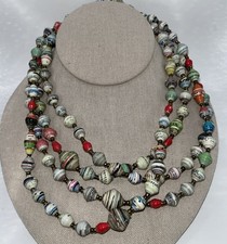 Necklace 32" Multicolor Striped Resin Bead Necklace Boho Statement Artisan Bold