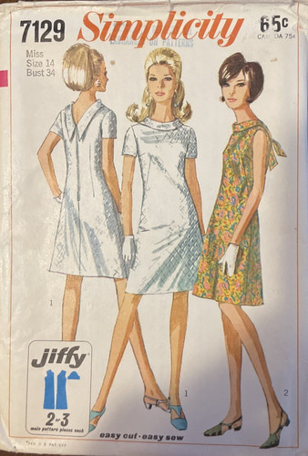Sewing Pattern #7129 Vintage Dress from the 60"s Size 14 Bust 34 Cut & Uncut