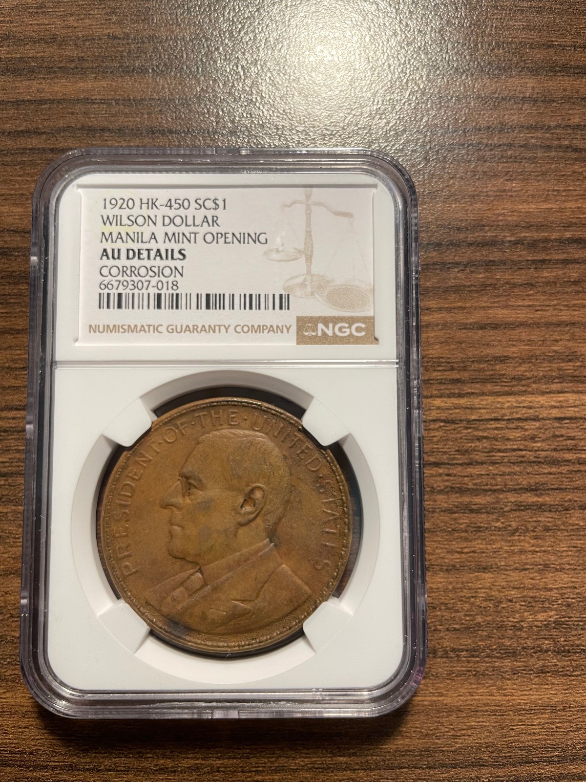 1920 HK-450 SO CALLED DOLLAR Wilson Dollar Manila Mint Opening NGC AU Details Co