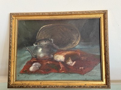 Coleman Original Framed Oil Painting Signed Still Life Table  Bread Metal Kettle