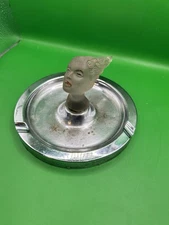 VTG 1930's Original Art Deco Lady Nicotine Frosted Glass & Metal Ashtray Smoke