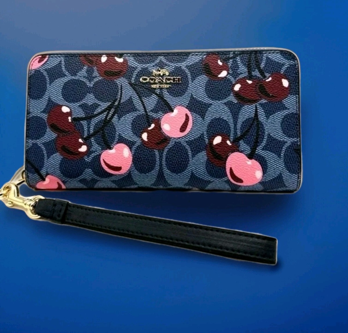 2025 SS COACH Signature Cherry Navy Blue Long Wallet Round