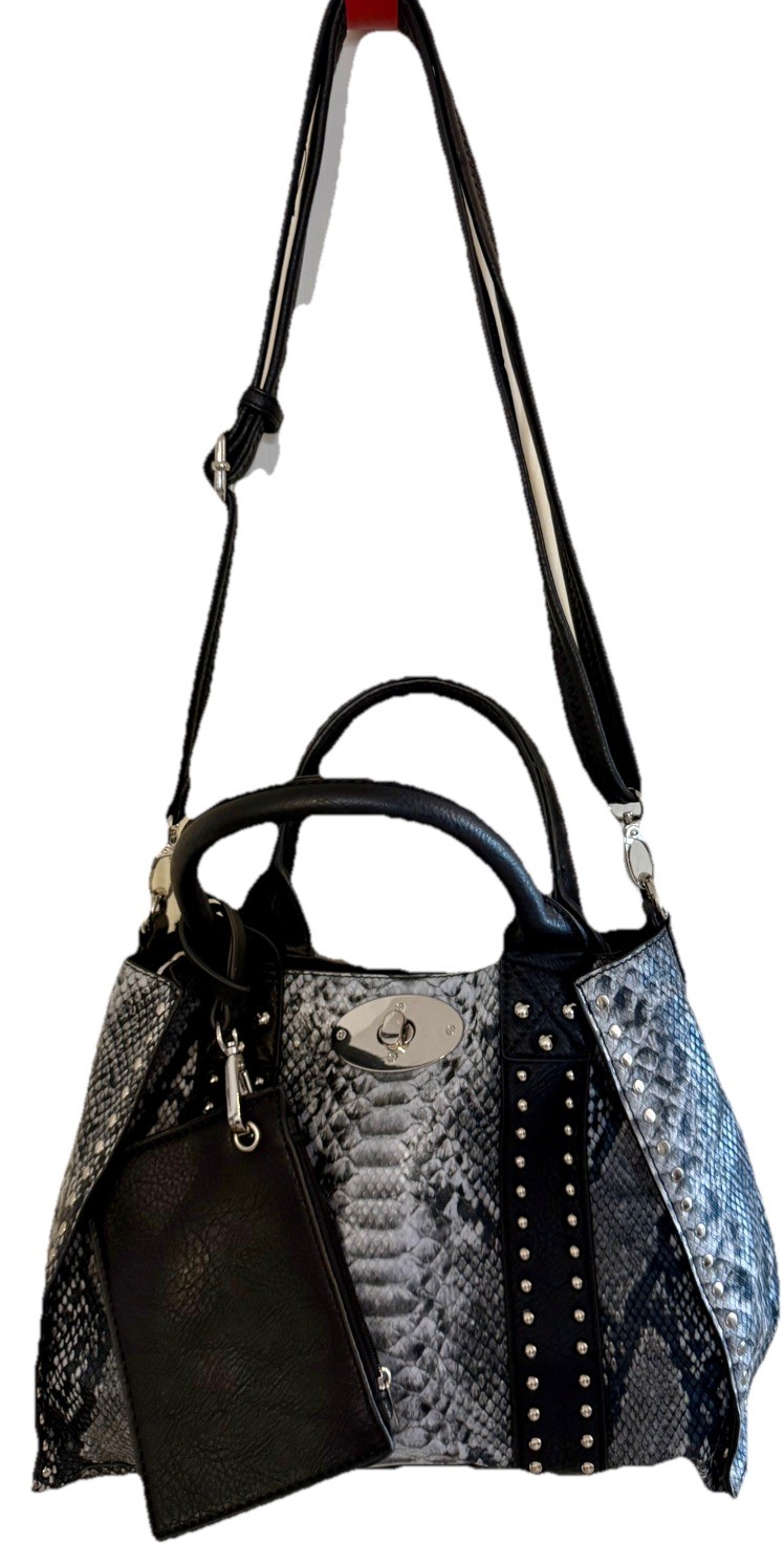 Black Rivet Womens Shoulder Bag Snake Skin Leather Purse Buckle Strap Handbag