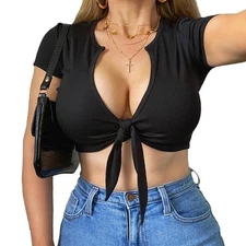 New Schoolgirl Mini T Shirt Short Sleeve Blouse Top Sexy Women Crop Tank Top Tie
