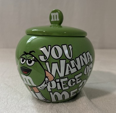 Green M & M Candy Dish Ceramic Canister Jar, You Wanna Piece of Me? Collectors