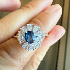 925 Sterling Silver Ring Natural Sapphire 5x3mm Gemstone Zircon Flower Women