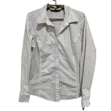 Style Co Women Button Up Shirt Size 18 White Gray Pinstripe Stretch Cotton Blend