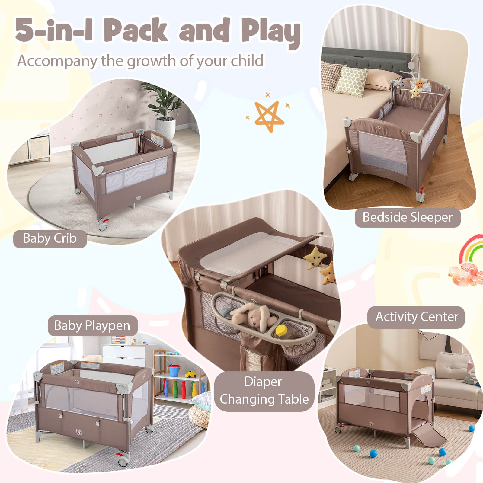 5-in-1 Portable Pack and Play w/ Diaper Changing Table Playpen Bedside Sleeper