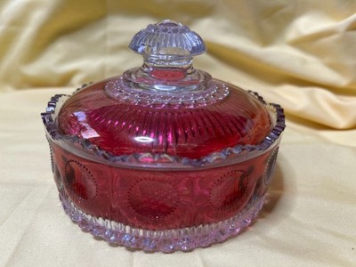 Manhattan Ruby Rose Powder Jar 1902 US Glass Cranberry Vanity Box Antique EAPG