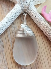 Sea Glass Necklace Jewelry w White Frosted Pendant Silver Wire Wrapped  Beaded