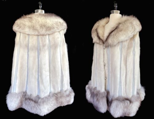 MINK & Fox Fur Cape, Ivory Real Vintage Cloak, Brown White Bridal Stole Spy - Picture 4 of 10