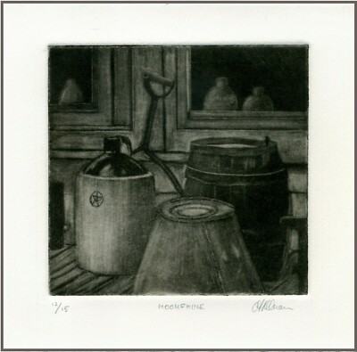 SOUTHERN MOONSHINE WHISKEY - BARRELS CASKS & JUGS Original MEZZOTINT Signed