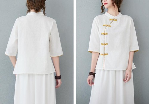 Summer Chinese Style 3/4 sleeve Tops Women's Casual Cotton Linen Shirts Blouse - Picture 8 of 22