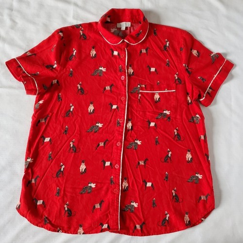 Ann Taylor Loft Sleeep Pajama Top Size L Lounge Red Dogs Button Up Short Sleeve