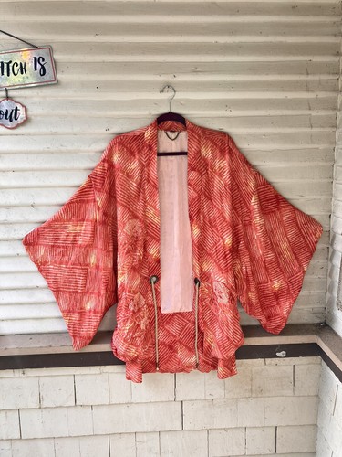 FREE PEOPLE STUNNING ORANGE/PEACH PRINT KIMONO ROBE M/L LINED ROPE BELT/SASH - Picture 20 of 24