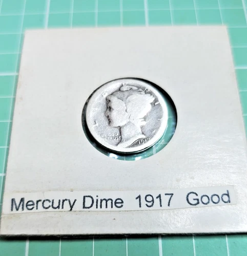 1917 Mercury Dime, Good Circulated Condition, No Mint Mark, 90% Silver