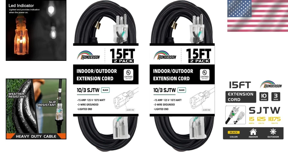 2 Pack Weatherproof 15FT Heavy Duty 10 Gauge Extension Cords with Lighted End - Image 2 of 4