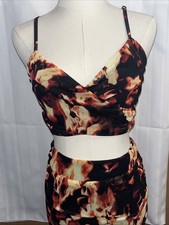 Forever 21 Flaming fire Dress Women Small 2-piece  Crop top V-neck Ruching Shirt