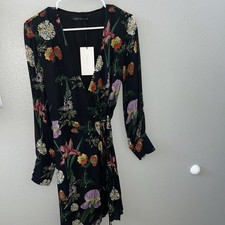 Zara Woman Black Floral V-Neck Long Sleeve Mini Wrap Dress Sheer Lined Small NWT