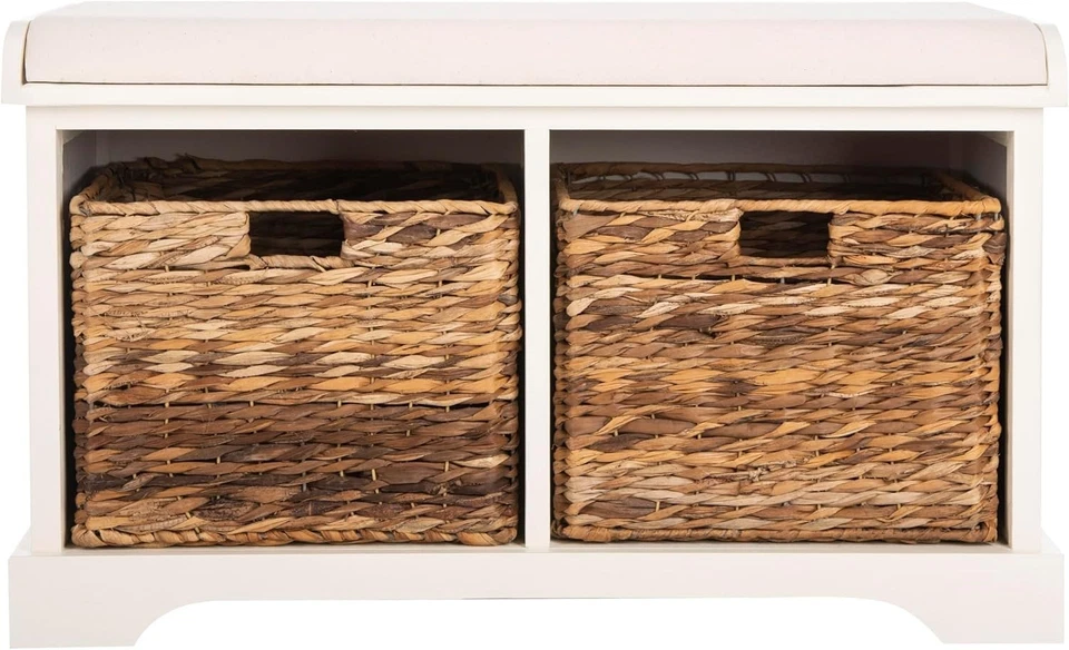 Elegante banco de almacenamiento vintage blanco con cómodo cojín para estilo de entrada Foto 3 de 4