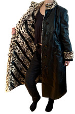 Vintage Maxi Leather Trench Leopard Print Mink Dyed Genuine Fur Coat Reversible