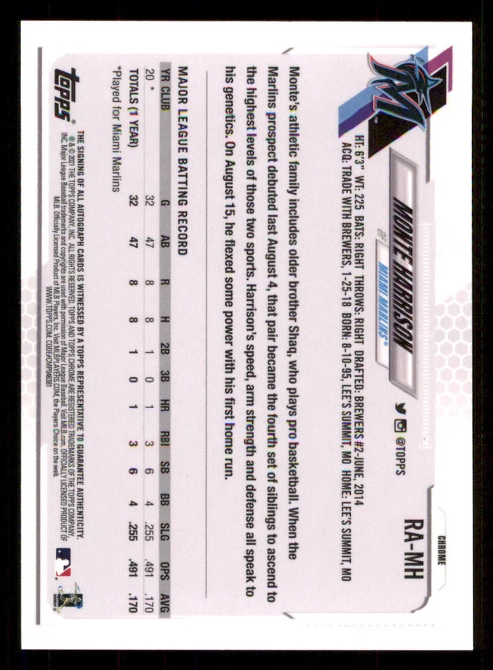 2021 Topps Chrome Rookie AUTO #RAMH Monte Harrison - Image 2 of 2