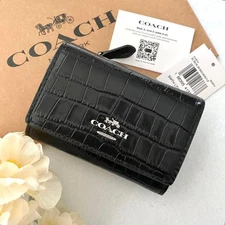 COACH Leather Trifold Wallet Black Pattern New