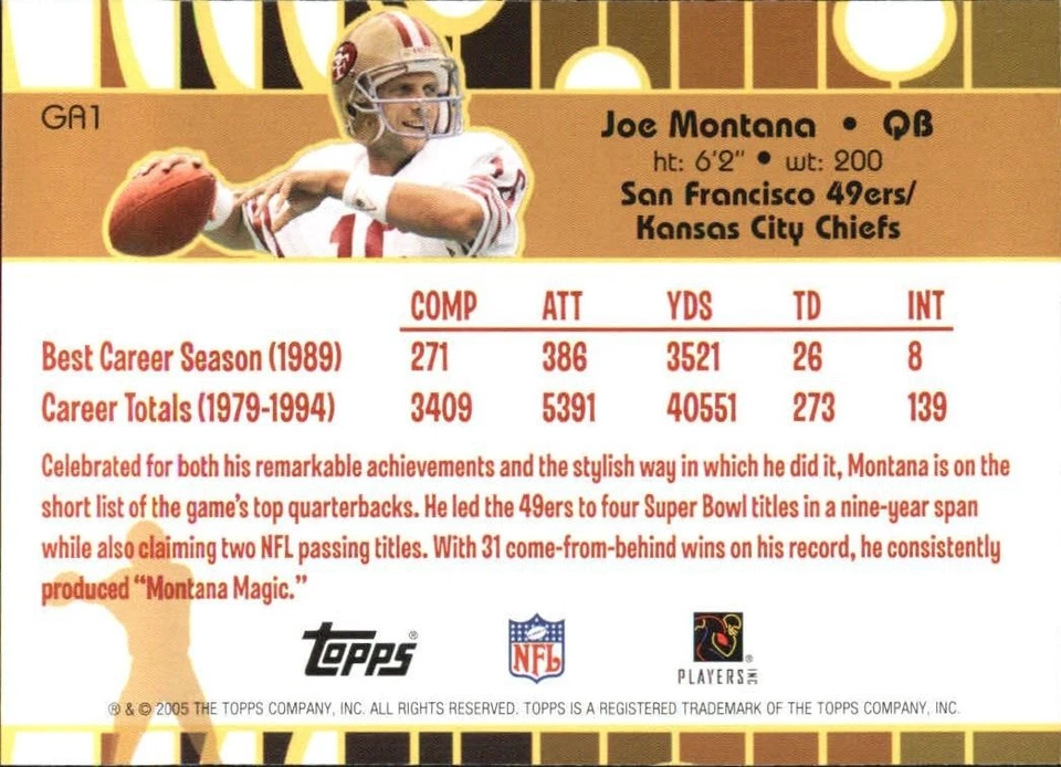 Joe Montana-49ers-2005 Topps Golden Anniversary Golden Greats #GA1 - Image 2 of 2