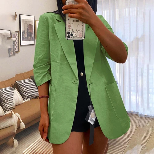 Blazer donna lino casual manica a 3/4 leggero giacca da lavoro tuta con bottoni - Foto 13 di 42