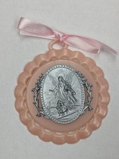 PINK Guardian Angel Crib Medal Prayer in Box with Hanging Ribbon 3.5" diameter