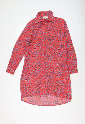 Tanzender Leopard Damen rot Blumen Polyester Shirt Kleid Größe M Kragen Knopf