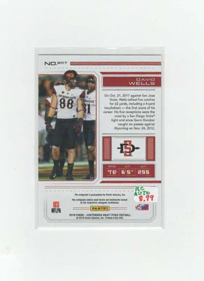 2018 Panini Contenders Draft Picks David Wells #207 College Ticket Rookie Auto - Image 2 of 2