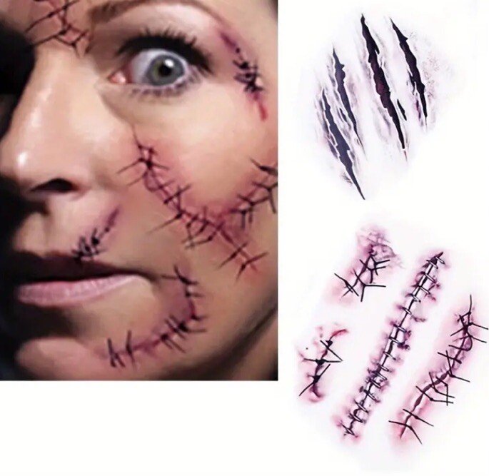 Halloween Zombie Scars Stitches Temporary Tattoos Party Wound Face Make