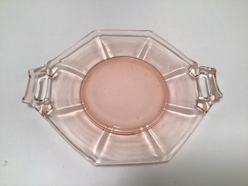 "Plato de sándwich/pastel de vidrio vintage hexagonal rosa depresión con asas 9"" de largo, 7" - Imagen 1 de 3
