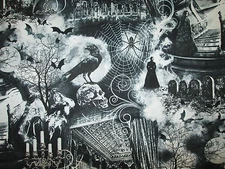 WICKED HAUNTED HOUSE BATS SKULLS CROWS GHOST SPIDERS CANDLES COTTON FABRIC FQ