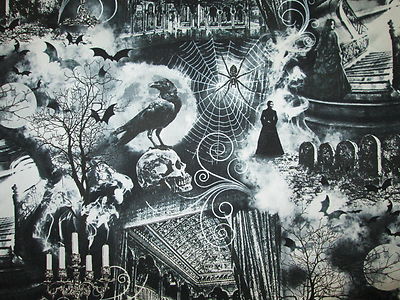 WICKED HAUNTED HOUSE BATS SKULLS CROWS GHOST SPIDERS CANDLES COTTON FABRIC FQ