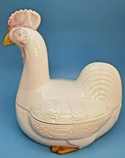 Painted Red Ware Pottery Rooster Covered Dish Handcrafted In France