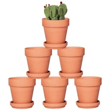 6 Pack 4 Inch Terracotta Clay Pots with Saucer and Drainage Holes for Indoor
