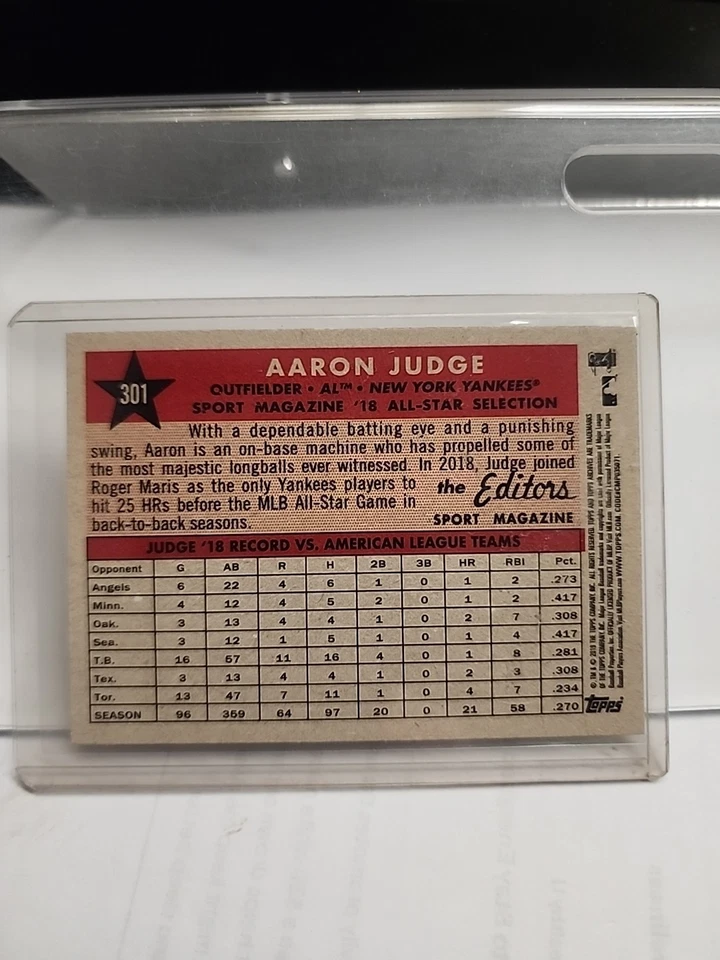 2019 Topps Archives - High Number 1958 All-Star Design Aaron Judge #301 - Image 2 of 2