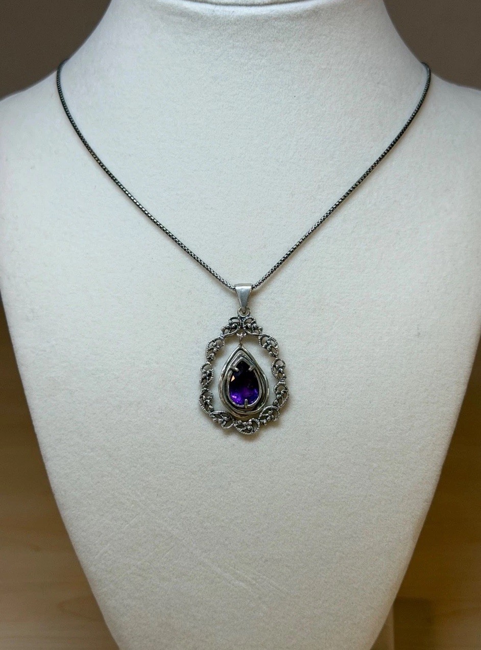 OR PAZ Israel PZ Sterling Silver Amethyst Lace Design Pendant Necklace 18in NWOT