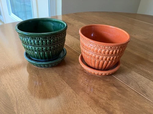 New ListingPair VTG McCoy USA Dark Green and Orange Pottery Planters; 4 1/4" H x 5 1/8" W