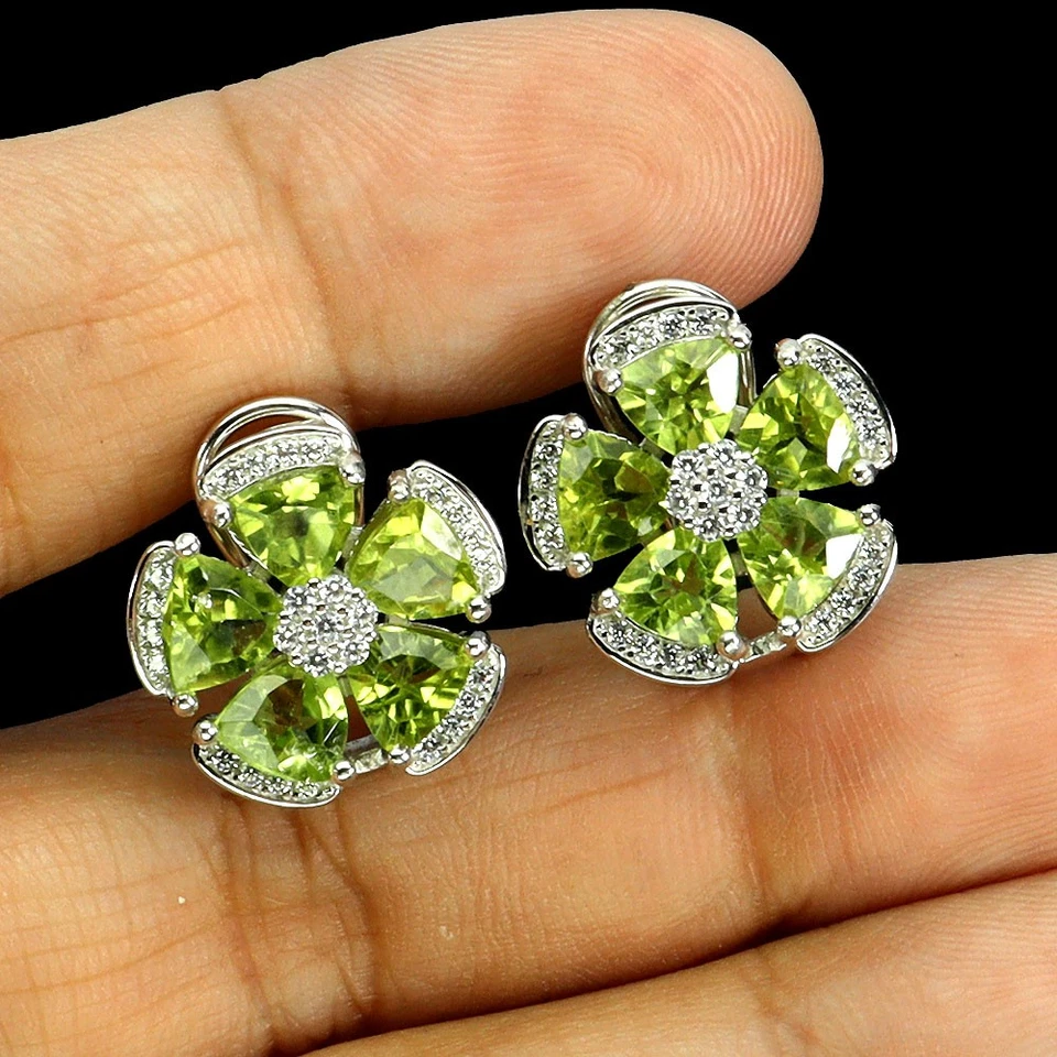 925 Sterling Silver Earrings Trilliant Peridot 5mm Natural Gemstone Jewelry - Image 2 of 4