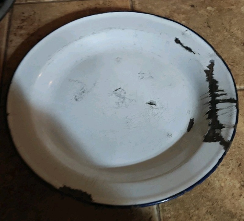 Vintage  - White Enamelware (8"dia. across) Plates - Black Rim very aged READ